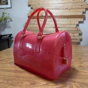 Women’s Red Glitters Shimmery Candy Jelly Rubber Zipper Closure Satchel Handbag